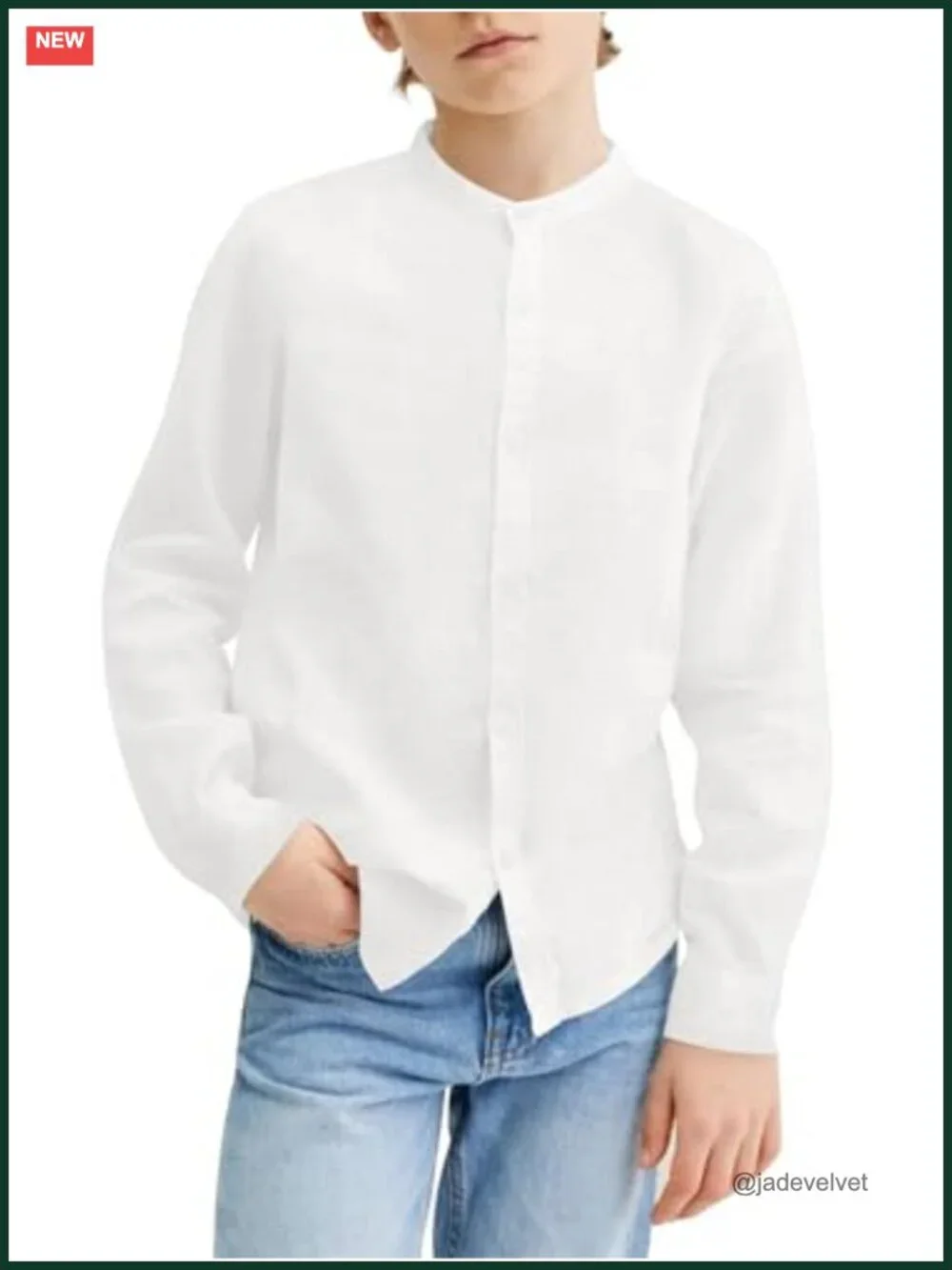 Boys Button Down Linen Shirt Long Sleeve Mandarin Collar Loose Fit School Top